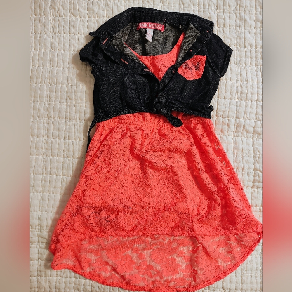 Pink House Toddler Dress, Denim And Pink Lace